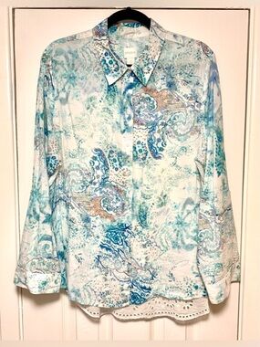 Chico's Aqua and Teal Paisley Button-Front Blouse